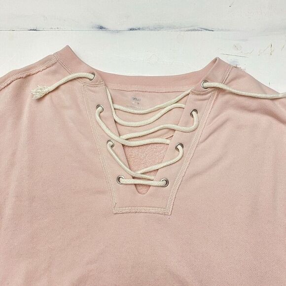 Aerie Sunday Soft Lace Up sweatshirt Pink Women's Medium High Low Raw Hem - Picture 2 of 12